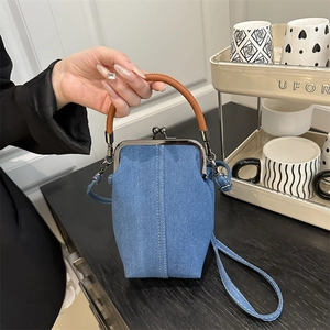 Petit Sac Bandoulière En Jean Retro Sac À Main En Toile Avec Poignée En Bois Fermoir Métallique Pour Femmes