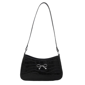 Fashionable black crocodile pattern underarm bag with silver bow buckle for women