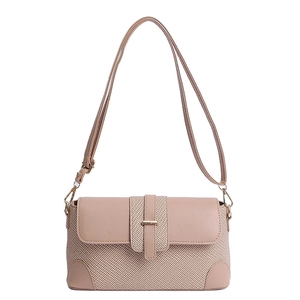 Beige baguette shoulder bag with woven texture and leather panels in a minimalist design