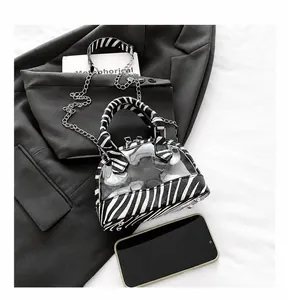 Dettaglio macro della borsa in PVC trasparente con finiture zebra e catena argento