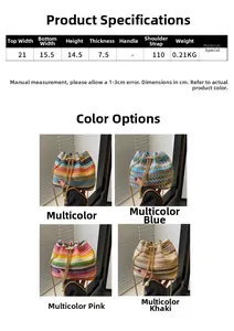 Size chart showing dimensions for bohemian woven bucket bag with multiple color options