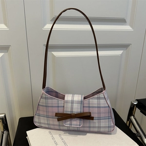 Retro plaid underarm bag with pink and blue checks and a leather bow decoration