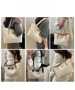 Six colors of hollow woven tote bags shown on model for various commuting style views