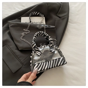 Dettaglio macro di manico zebrato e catena d'argento su borsa in PVC trasparente