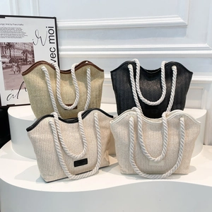 Large capacity woven straw tote bags with thick cotton rope handles in four neutral colors