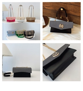 Detailed views of crossbody bags showing metal M logo and texture of various colors