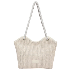 Contrast color woven straw tote bag with V-shaped texture and hemp rope handles
