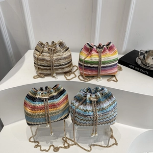 Women's Bohemian Handwoven Rainbow Stripe Bucket Bag Metal Chain Strap Artificial Pearl Drawstring Crossbody Bag Summer Vacation Shoulder Bag