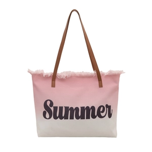 Bolso playero de lona degradado rosa y blanco con texto Summer y asas de cuero café