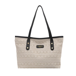 Modische beige Spitzen-Tote-Bag mit schwarzen Ledergriffen und goldenen Nietendetails