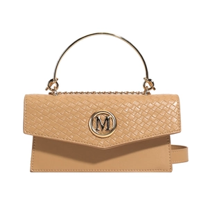 Brown woven texture crossbody bag with gold metal handle and adjustable chain strap
