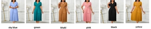 Detailed view of V-neck pleated high-waist dresses in six vibrant color variations