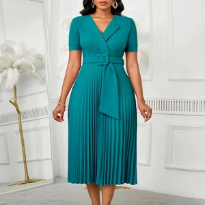 Detail of teal blue V-neck pleated dress with matching waist belt and elegant midi skirt