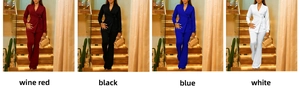 Gedetailleerde vierkleurenvergelijking van slim-fit overslagblazer en flared broek set