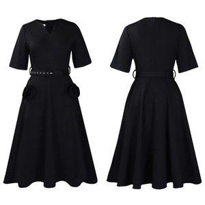 Detail view showing front and back of black V-neck A-line dress with floral pockets