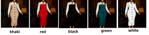 Close-up of color-block pencil dresses in five colors with button details and lapel collar