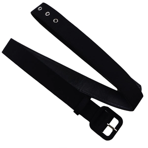 Detail of wide black velvet waist belt with large square buckle and silver metal eyelets