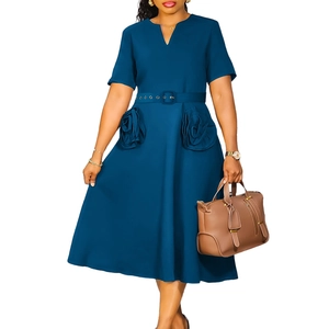 Detail of V-neck short-sleeved A-line dress with 3D floral pockets and matching belt