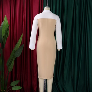 Detail view of the back seam on a slim fit color-block professional pencil dress