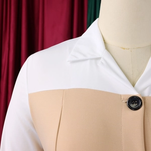 Detail of contrast patchwork long sleeve dress with turnover collar and black button