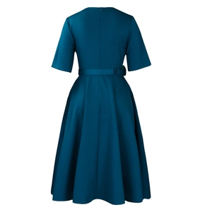Back view of elegant dark green A-line dress featuring a high waist belt and invisible zipper