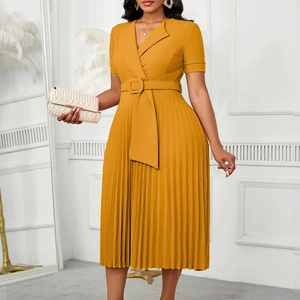 Detail of elegant mustard V-neck pleated midi dress with short sleeves and waist belt