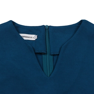 Detail of elegant V-neckline with invisible zipper on dark blue summer dress