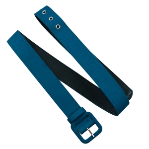 Blue fabric waist belt featuring a square buckle and silver metal eyelets on white back