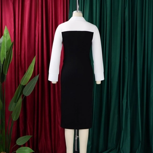 Detail of minimalist black and white color-blocked pencil dress with long sleeves