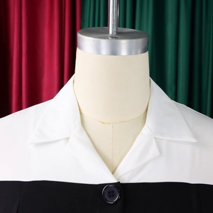 Close-up of contrast lapel design and large button detail on professional pencil dress