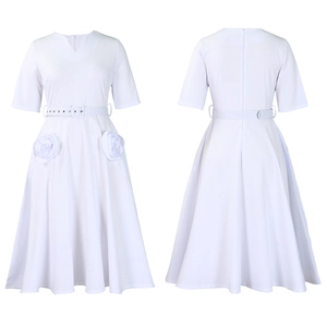 Detail of white V-neck dress with short sleeves and handmade 3D flower embellishments