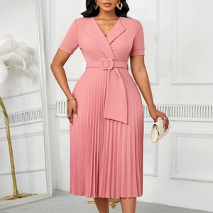 Detail of elegant V-neck pleated dress featuring a lapel collar and waist-cinching belt