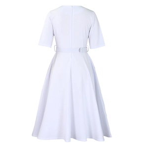 Detail view of white A-line dress back with invisible zipper and matching slim waist belt