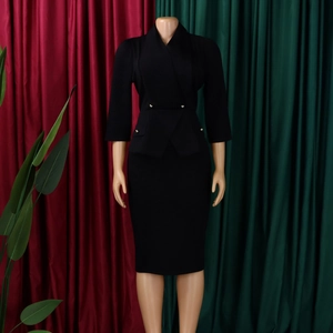 Detail of elegant black bodycon dress with waist buttons and lapel collar for office wear