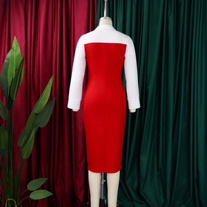 Back view detail of bodycon pencil dress with elegant red and white patchwork design
