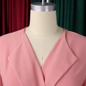 Detailed view of pink V-neck pleated dress featuring a classic notched lapel on mannequin