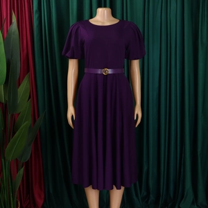 Detail of elegant dark purple dress with puff sleeves and belted waist with gold buckle