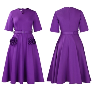 Detail view showing elegant V-neck and 3D rose ornaments on purple A-line summer dress