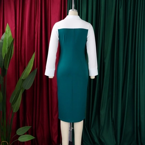 Rear view of sleek bodycon dress featuring elegant dark green and white color block details