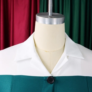 Detail of elegant contrast collar with large black button on dark green professional dress