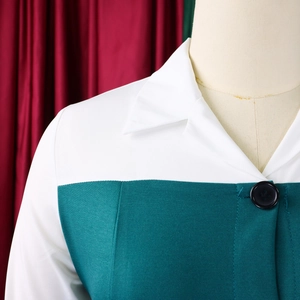 Detailed view of the contrast collar and button on the pencil dress bodice