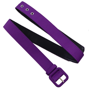 Detail of purple fabric belt with rectangle buckle and silver metal eyelets