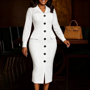 Detail of professional white pencil dress featuring blazer lapel and black button accents