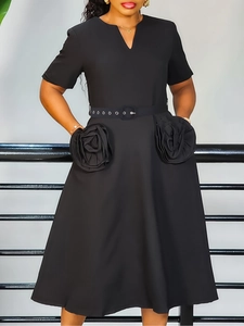 Elegant black V-neck A-line dress with short sleeves and 3D rose pockets for women