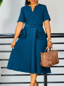 Elegant navy blue V-neck A-line dress with short sleeves and rose floral pocket details