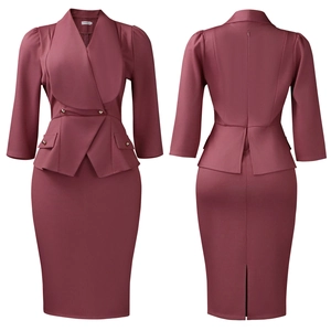 Detail of burgundy business suit set featuring notched lapel and pleated waist peplum hem
