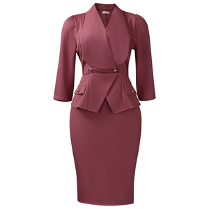 Detail of burgundy peplum dress showing V-neck lapels and gold decorative buttons