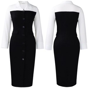 Front and back view of long sleeve color-block pencil dress with notch lapel collar