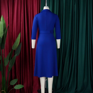 Achteraanzicht van een koningsblauwe midi-jurk met dubbele knopen en een strak design