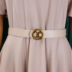 Close-up of beige leather belt with round gold buckle on elegant A-line dress